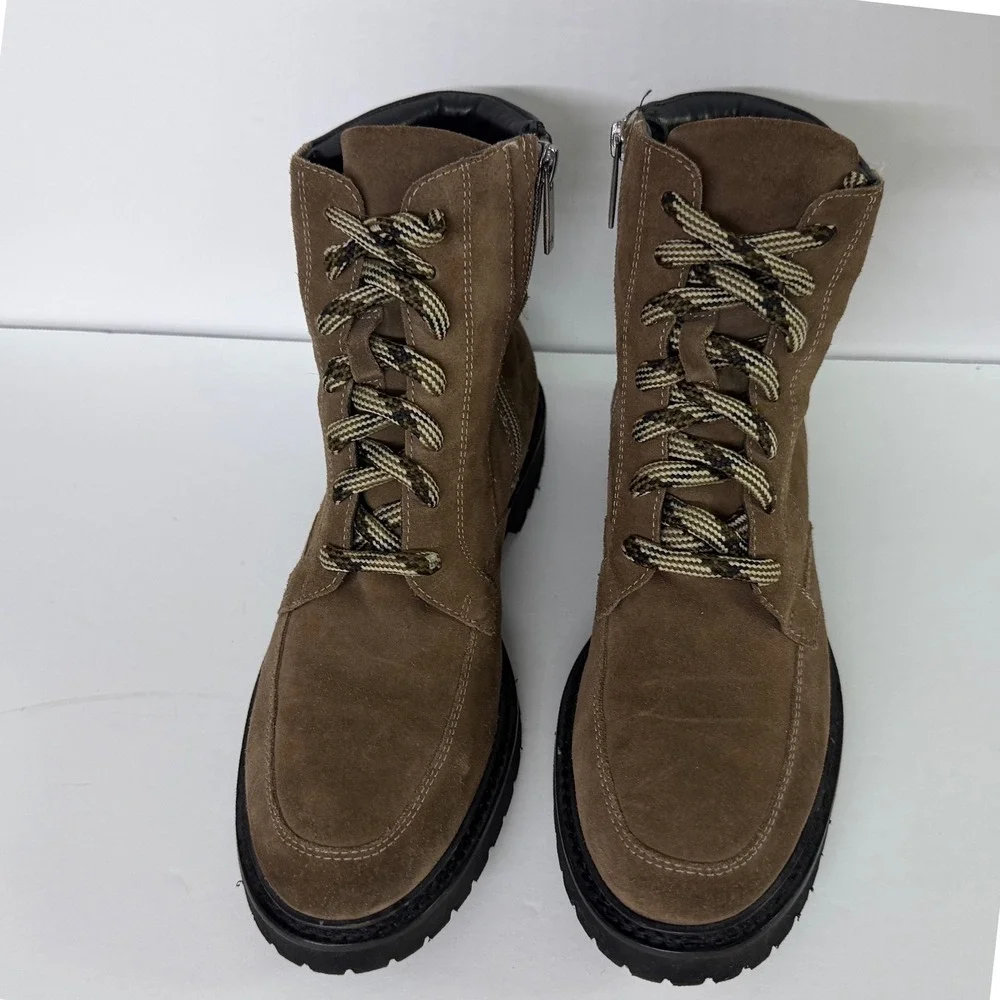 Aquatalia Mayra Brown Suede Combat Boots Made in Italy Side Zip Lug Sole 9.5